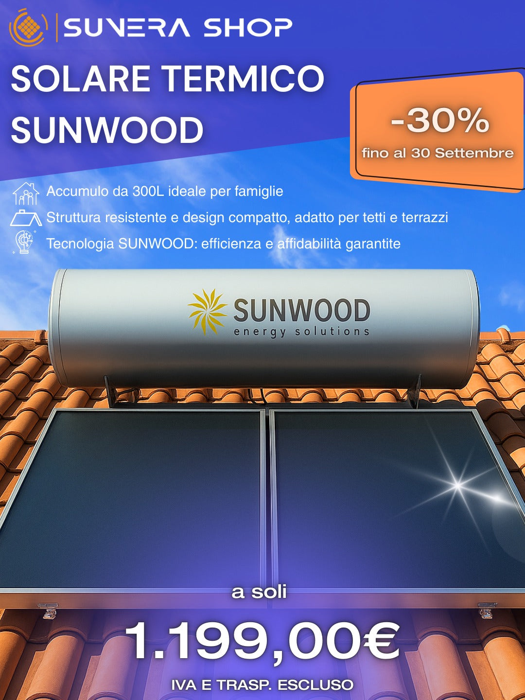 SOLARE TERMICO 300LT - TETTO PIANO - SUNWOOD